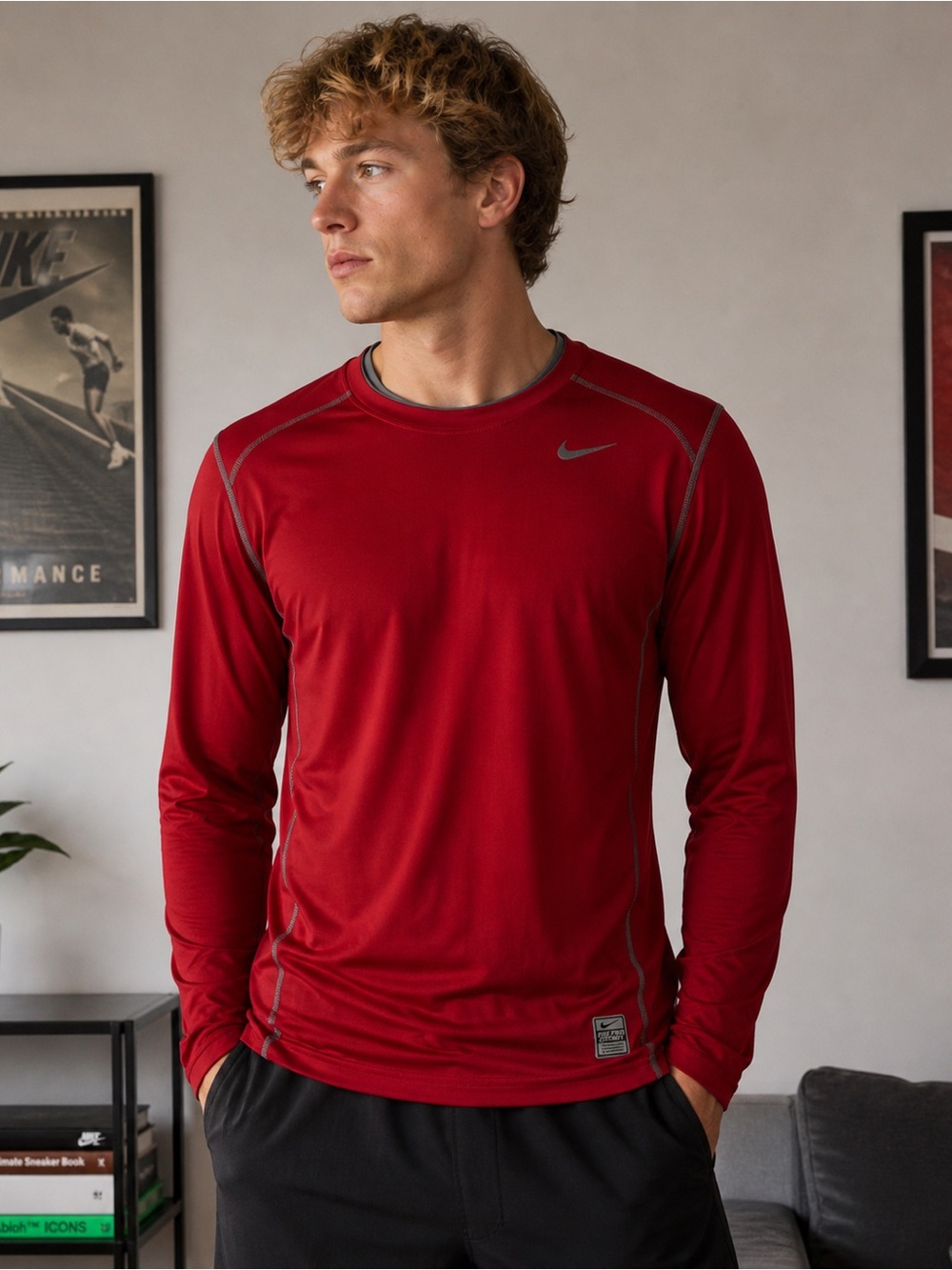 Nike Pro Combat Hyperwarm Red Dri-FIT Long Sleeve Compression Shirt XL